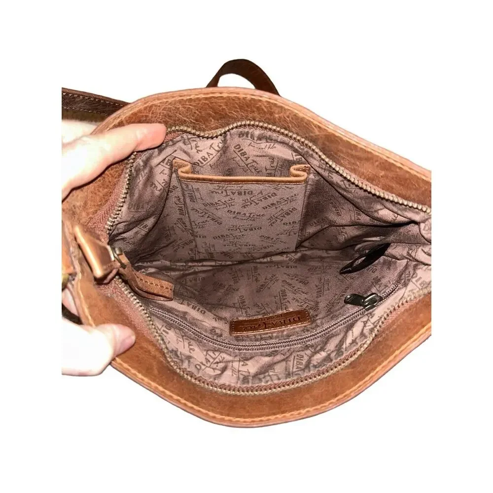 Diba True Women Brown Leather Zipper‎ Outer Pockets Crossbody Strap Shoulder Bag